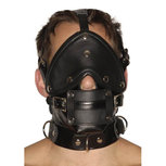 Streng uitziende lederen premium muilkorf met blinddoek en knevel Streng uitziende lederen premium muilkorf met blinddoek en knevel